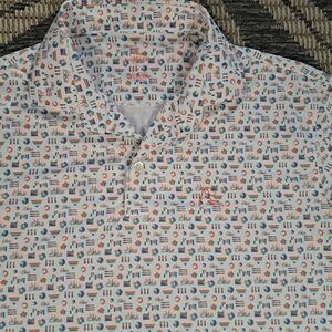 Rhoback Polo Shirt Men's Large The VLOOKUP All Over Print Golf Performance EUC